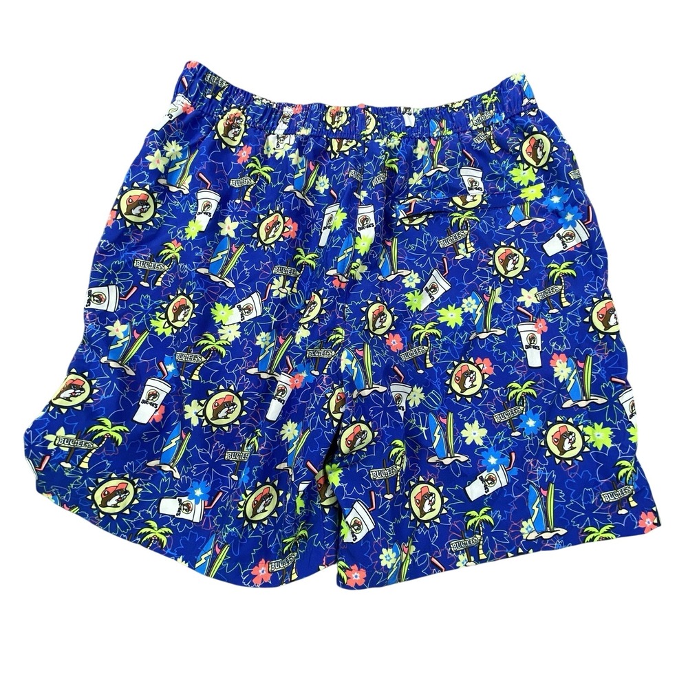Buc-ees Swim Trunks Mens Small Blue Logo All Over Print Floral Brief Lined Board